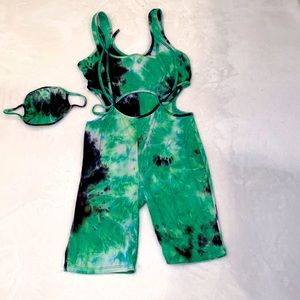 MM-Green, black, white romper with matching mask included